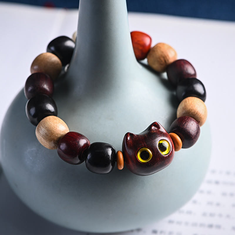 Karma Stone Small Leaf Red Sandalwood Ebony Wood Cute Cat Engraved Protection Bracelet