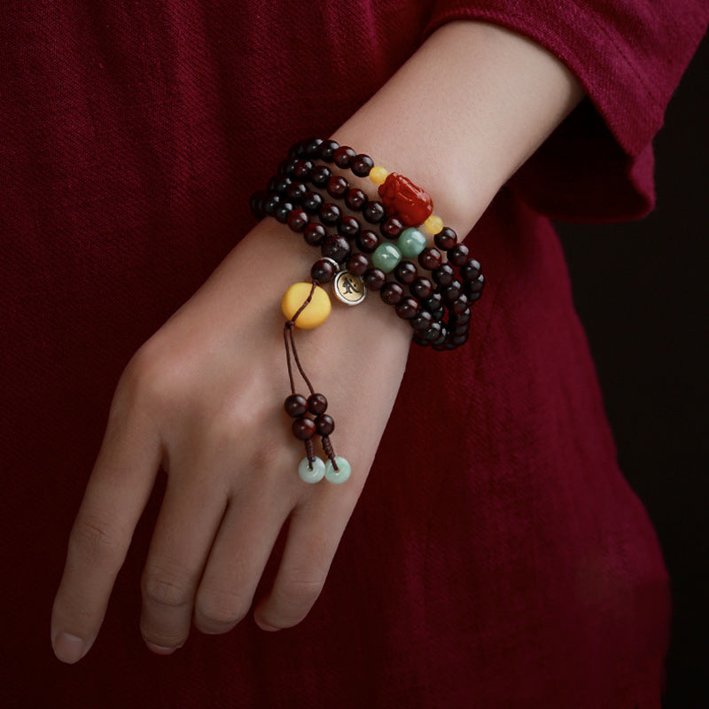 Karma Stone Chinese Zodiac Natal Buddha 108 Mala Beads Small Leaf Red Sandalwood Red Agate PiXiu Protection Bracelet