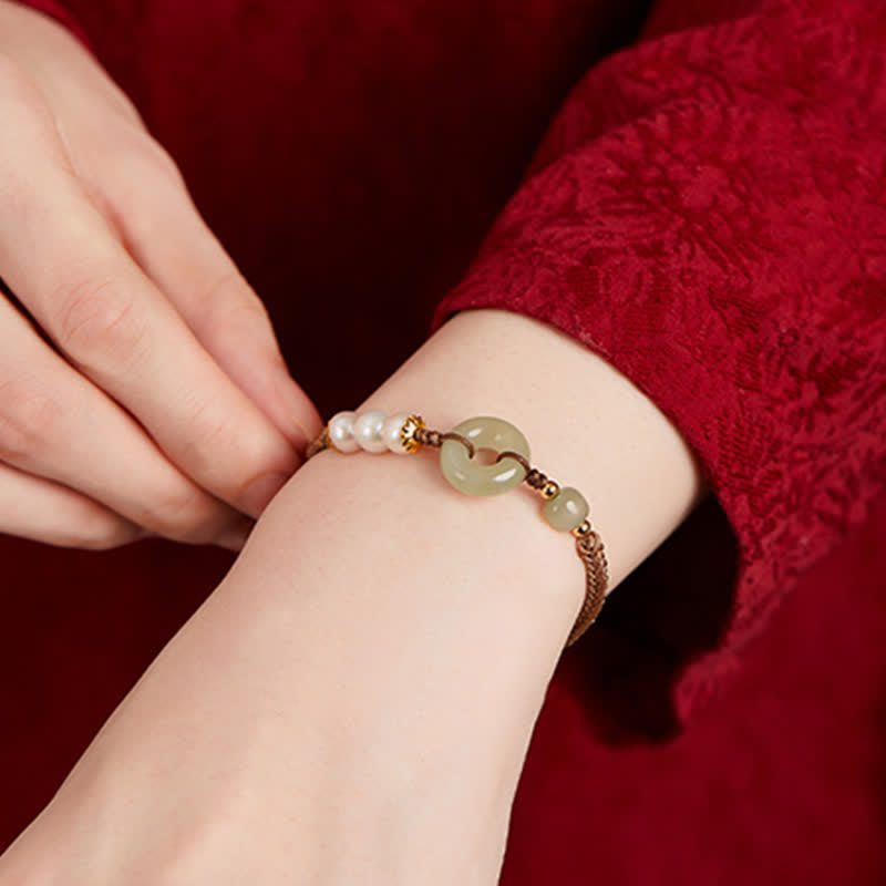 Karma Stone Natural Hetian Jade Pearl Peace Buckle Luck Bracelet