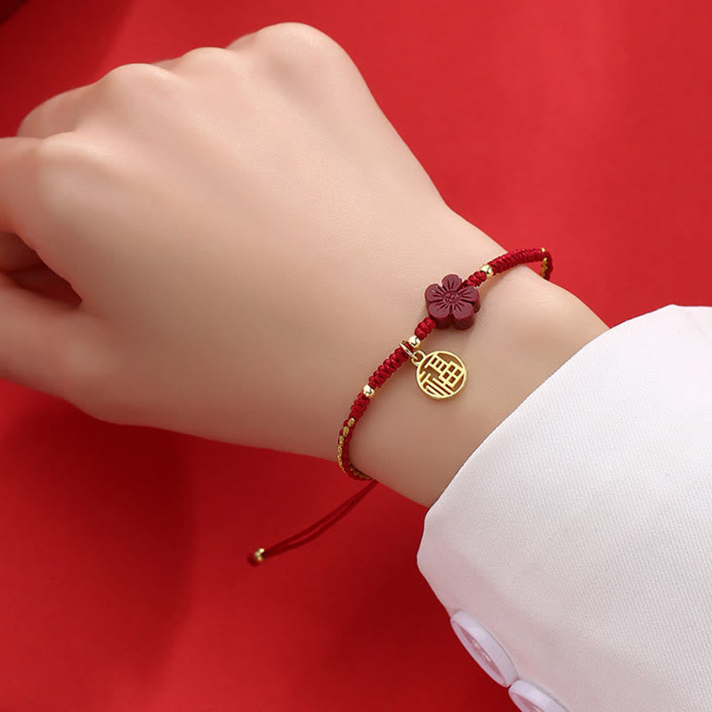 Karma Stone Cinnabar Flower Fu Character Blessing Braided String Bracelet