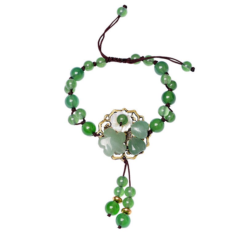 Karma Stone Natural Green Jade Luck Dangling Flower Bracelet