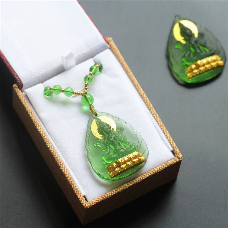 Karma Stone Tibetan Green Tara Buddha Gold Plated Liuli Crystal Protection Necklace Pendant
