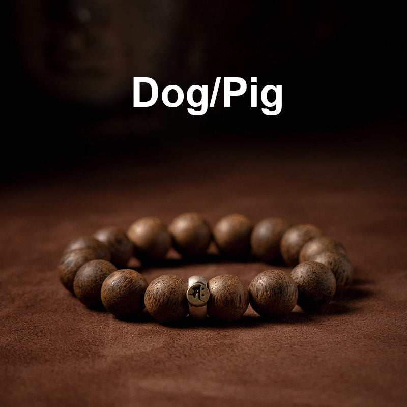 Karma Stone Chinese Zodiac Natal Buddha Natural Agarwood Silver Peace Calm Bracelet