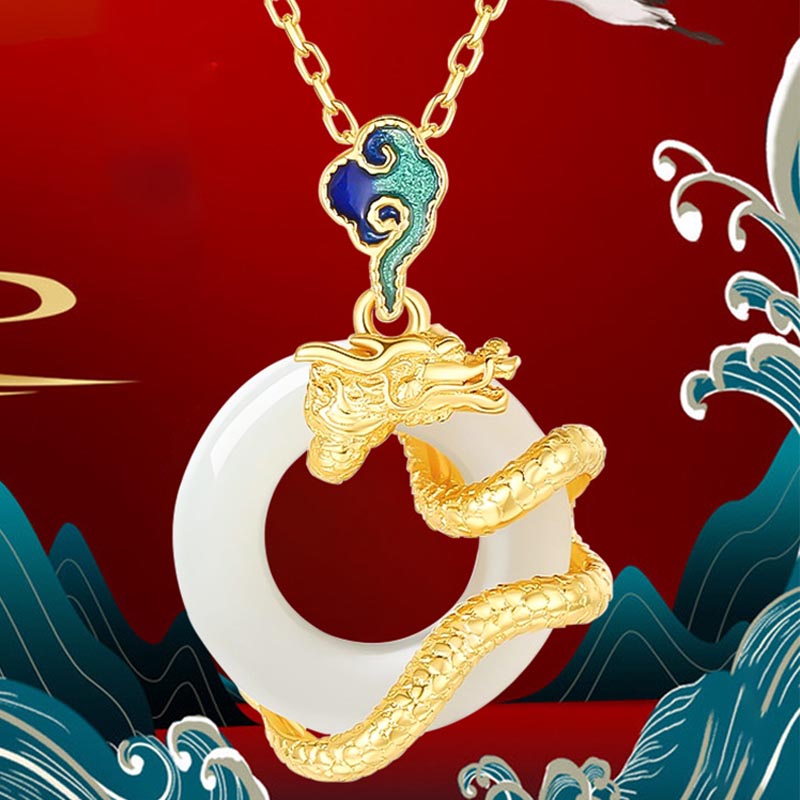 Karma Stone Year Of The Dragon 925 Sterling Silver Hetian White Jade Peace Buckle Auspicious Clouds Success Necklace Pendant