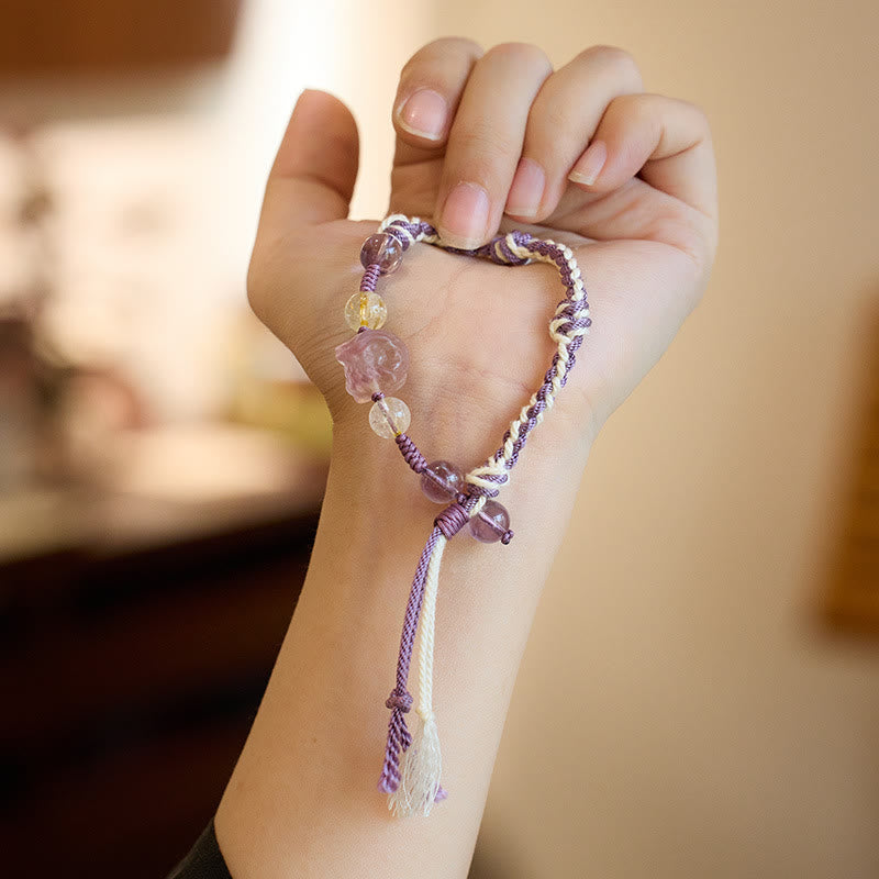 Karma Stone Natural Fluorite Amethyst Silver Sheen Obsidian Tiger's Eye Protection Rope Bracelet