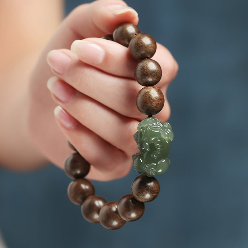 Karma Stone 925 Sterling Silver Brunei Agarwood PiXiu Jade Peace Strength Bracelet