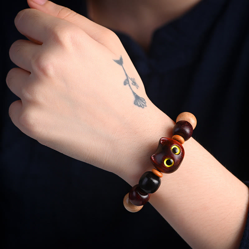 Karma Stone Small Leaf Red Sandalwood Ebony Wood Cute Cat Engraved Protection Bracelet
