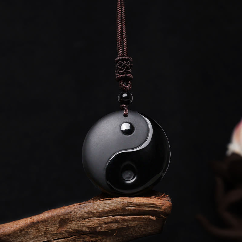 Karma Stone Black Obsidian Taoism Five Sacred Mountains Nine-Character Mantra Carved Purification Yin Yang Necklace Pendant