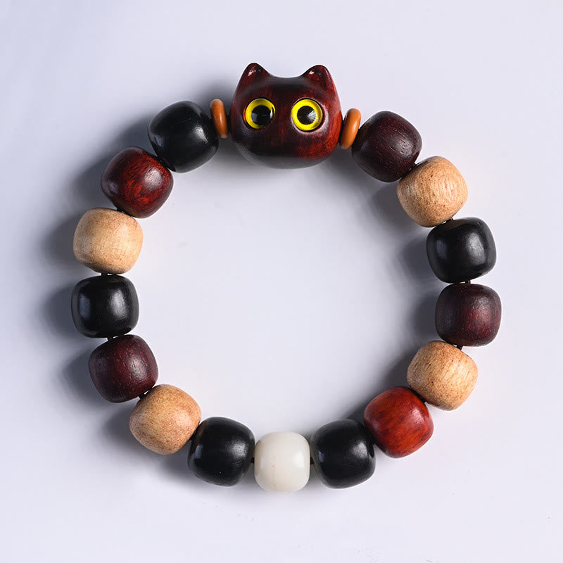 Karma Stone Small Leaf Red Sandalwood Ebony Wood Cute Cat Engraved Protection Bracelet