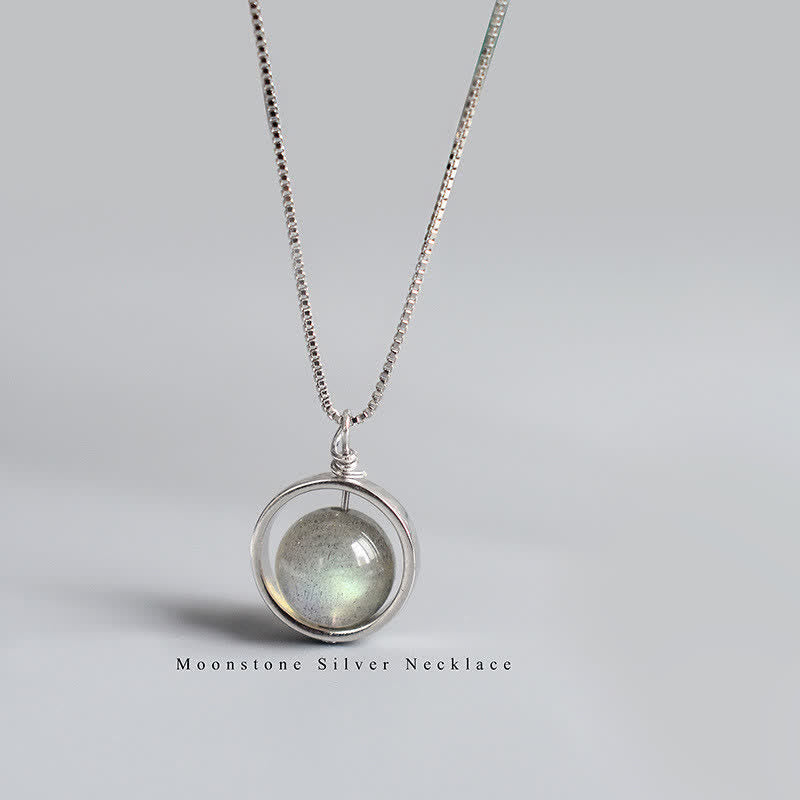 Karma Stone 925 Sterling Silver Moonstone Love Planet Rotatable Pattern Necklace Pendant