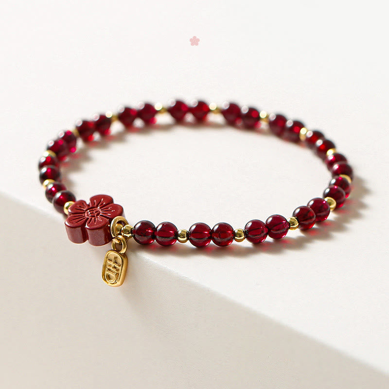 Karma Stone 14K Gold Natural Garnet Cinnabar Flower Calm Bracelet