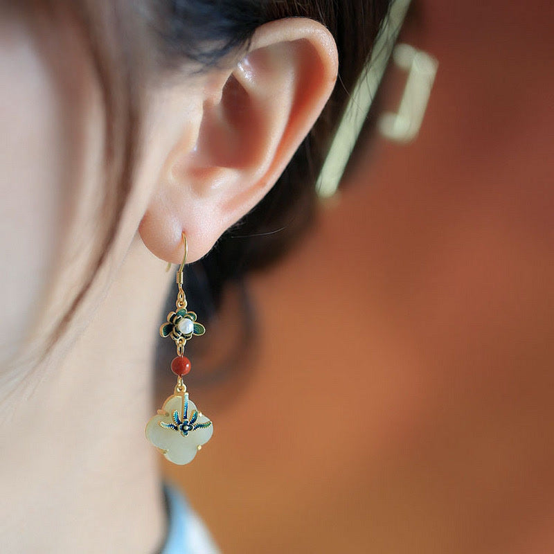 Karma Stone Lucky Four Leaf Clover Jade Abundance Copper Earrings