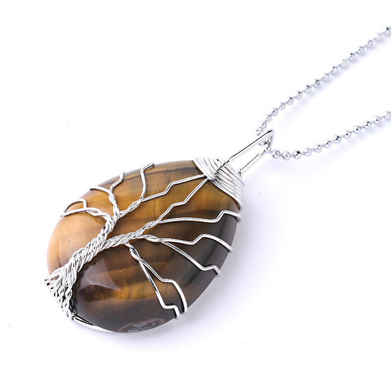 Karma Stone Natural Quartz Crystal Tree Of Life Healing Energy Necklace Pendant
