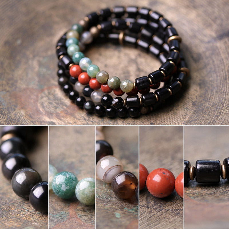 Karma Stone Ebony Wood Red Jasper Moss Agate Crystal Copper Peace Couple Bracelet