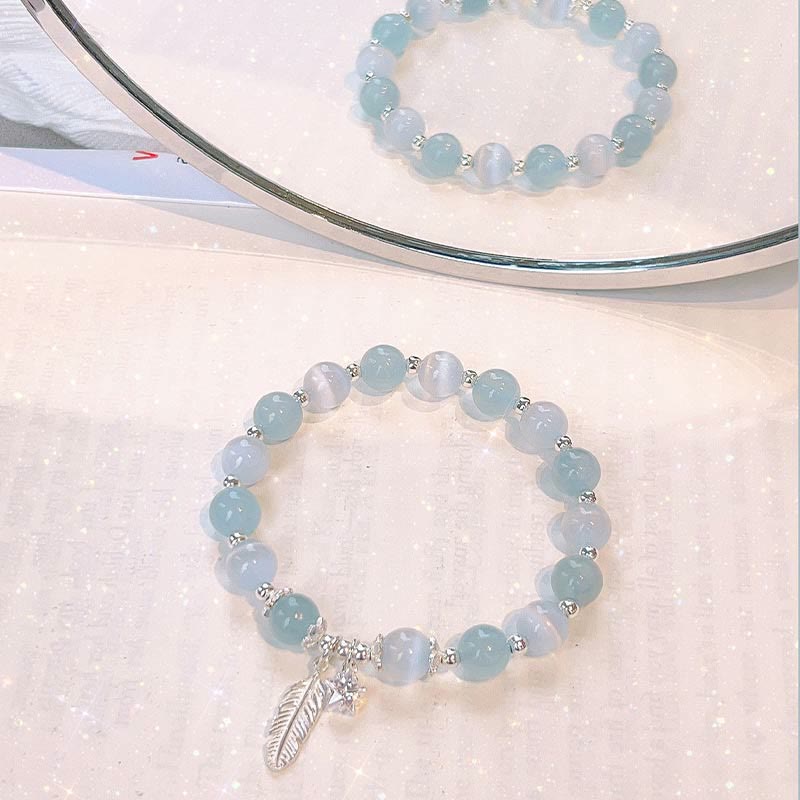 Karma Stone 925 Sterling Silver Aquamarine Cat's Eye Healing Feather Star Charm Bracelet