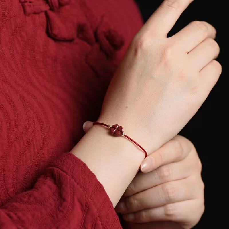 Karma Stone Natural Cinnabar Four Leaf Clover Blessing Red String Bracelet Anklet