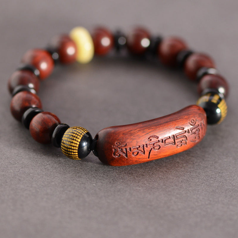 Karma Stone Small Leaf Red Sandalwood Om Mani Padme Hum Engraved Protection Bracelet