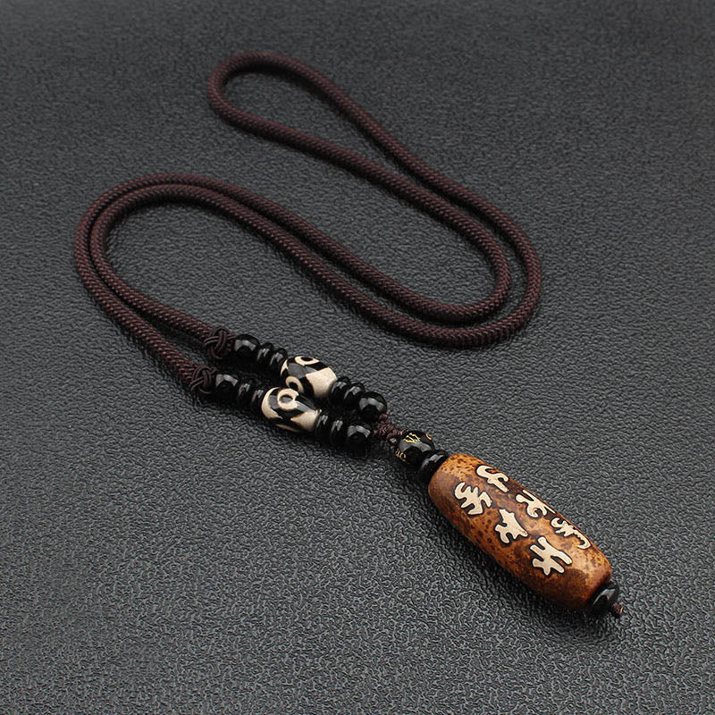Karma Stone Tibet Om Mani Padme Hum Dzi Bead Avalokitesvara Pattern Wealth Necklace Pendant