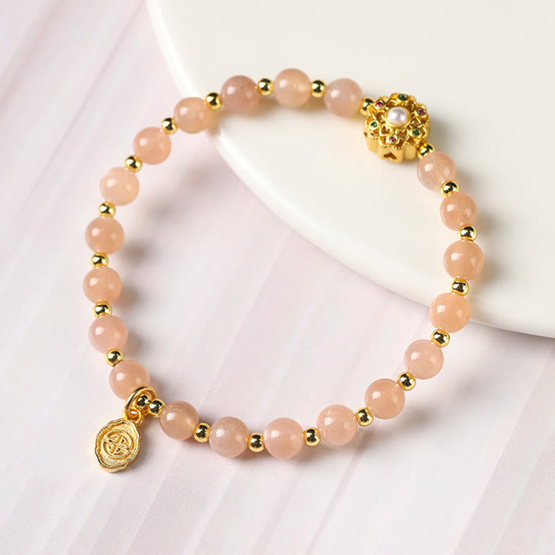 Karma Stone 14K Gold Plated Natural Strawberry Quartz Labradorite Sun Stone Fu Character Positive Charm Bracelet