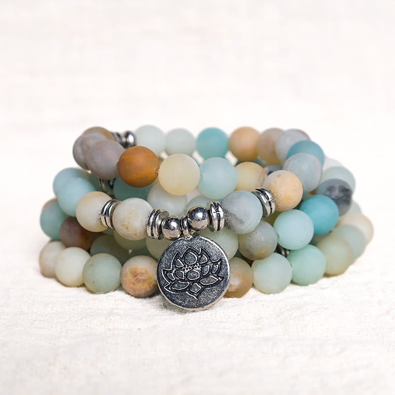 Karma Stone Tibetan Amazonite Blessing Lotus Prayer Bracelet Necklace