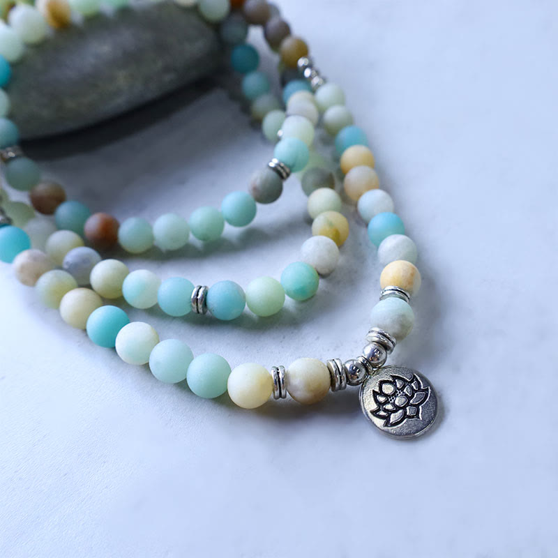 Karma Stone Tibetan Amazonite Blessing Lotus Prayer Bracelet Necklace