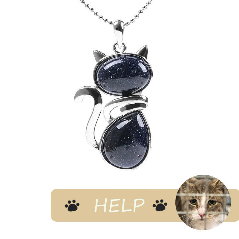 Karma Stone "Save A Cat" Cute Cat Pattern Natural Crystal Protection Cat-Loving Pendant Necklace
