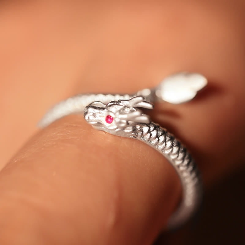 Karma Stone 925 Sterling Silver Vintage Year of the Dragon Luck Protection Strength Adjustable Ring