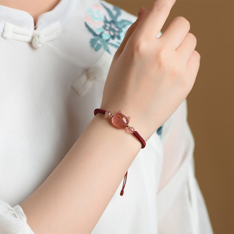 Karma Stone Handmade Natural Silver Sheen Obsidian Strawberry Quartz Cute Cat Protection Braided Bracelet