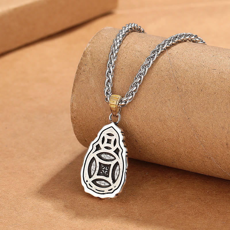 Karma Stone Tibet Dzi Bead Garuda Pattern Copper Metal Wealth Necklace Pendant