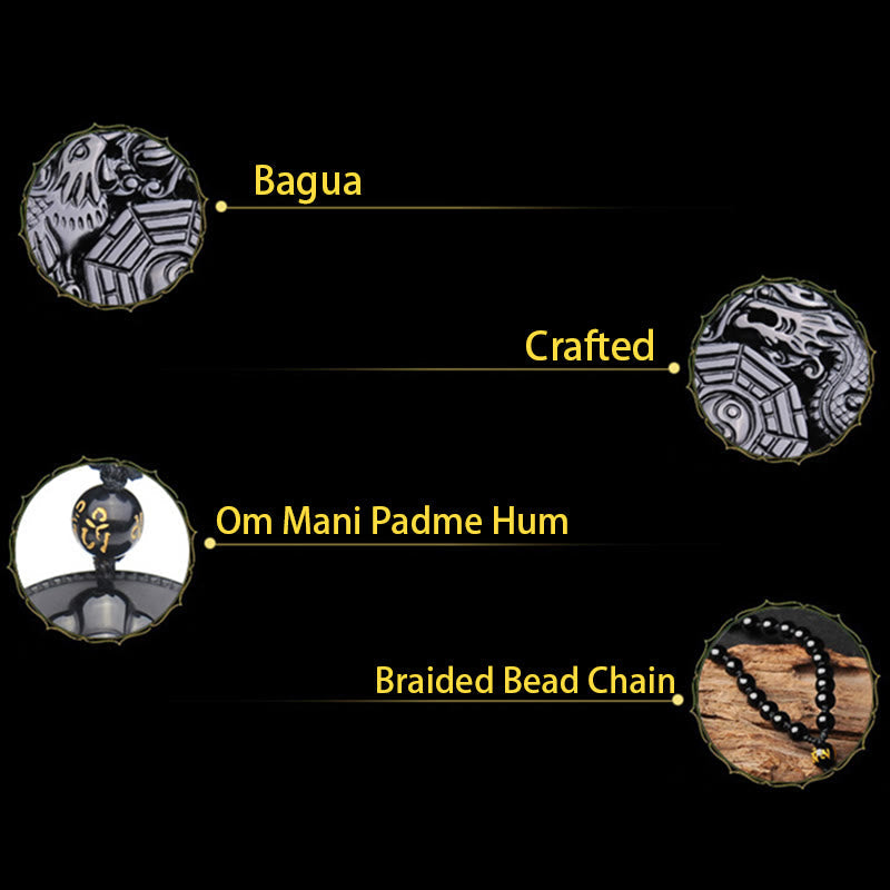 Karma Stone Bagua Dragon Phoenix Obsidian Fulfilment Pendant Necklace