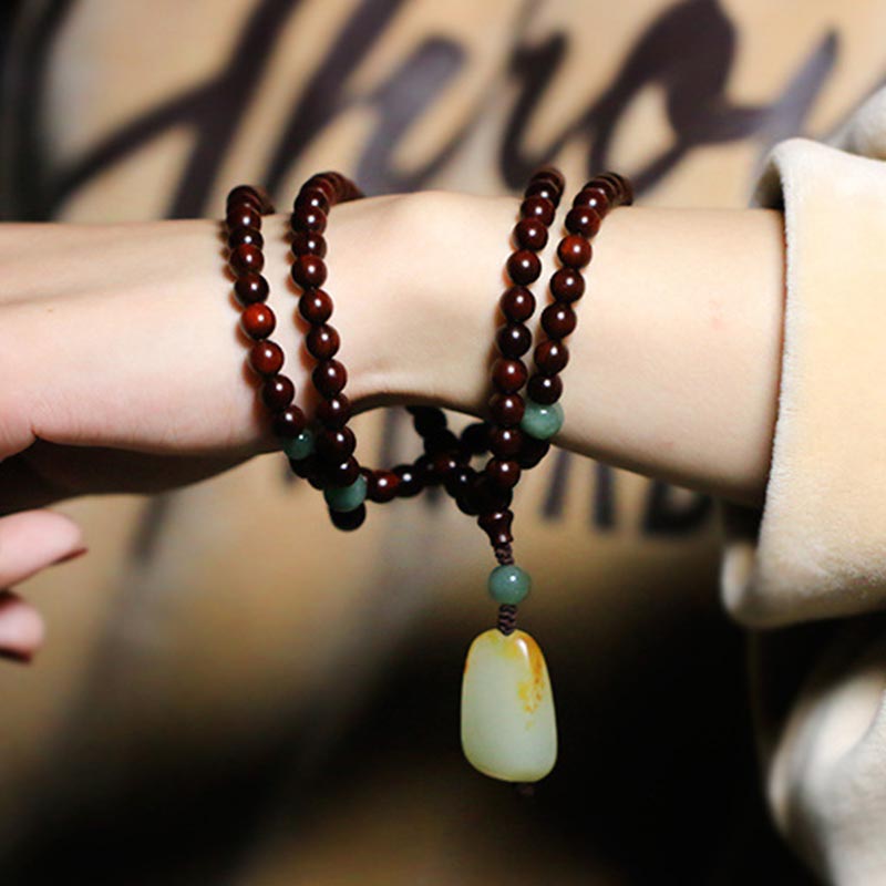 Karma Stone Tibetan Small Leaf Red Sandalwood Jade Mala Meditation Bracelet
