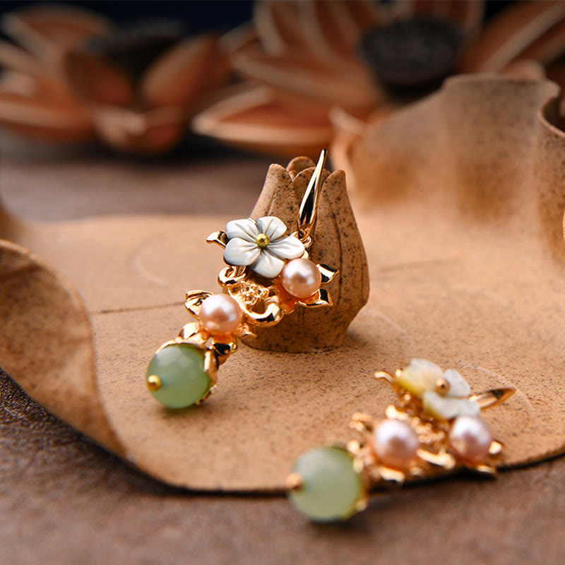 Karma Stone 14K Gold Plated Tridacna Stone Flower Pearl Green Aventurine Bead Drop Earrings