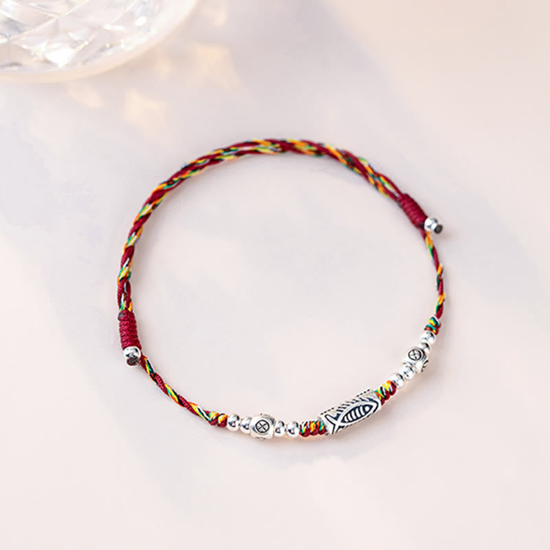 Karma Stone 925 Sterling Silver Luck Koi Fish Braided Colorful String Bracelet Anklet