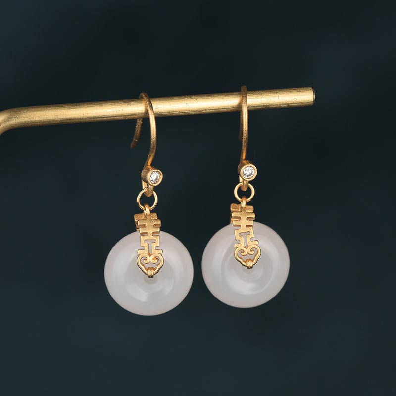 Karma Stone White Jade Double Happiness Fortune Earrings