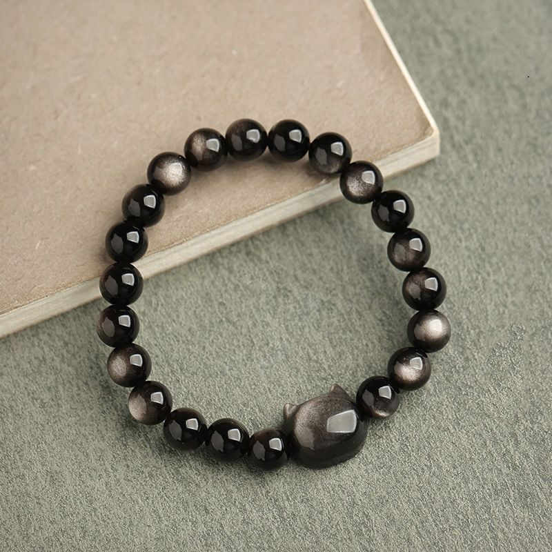 Karma Stone Gold Sheen Obsidian Silver Sheen Obsidian Lovely Paw Lucky Cat Protection Bracelet