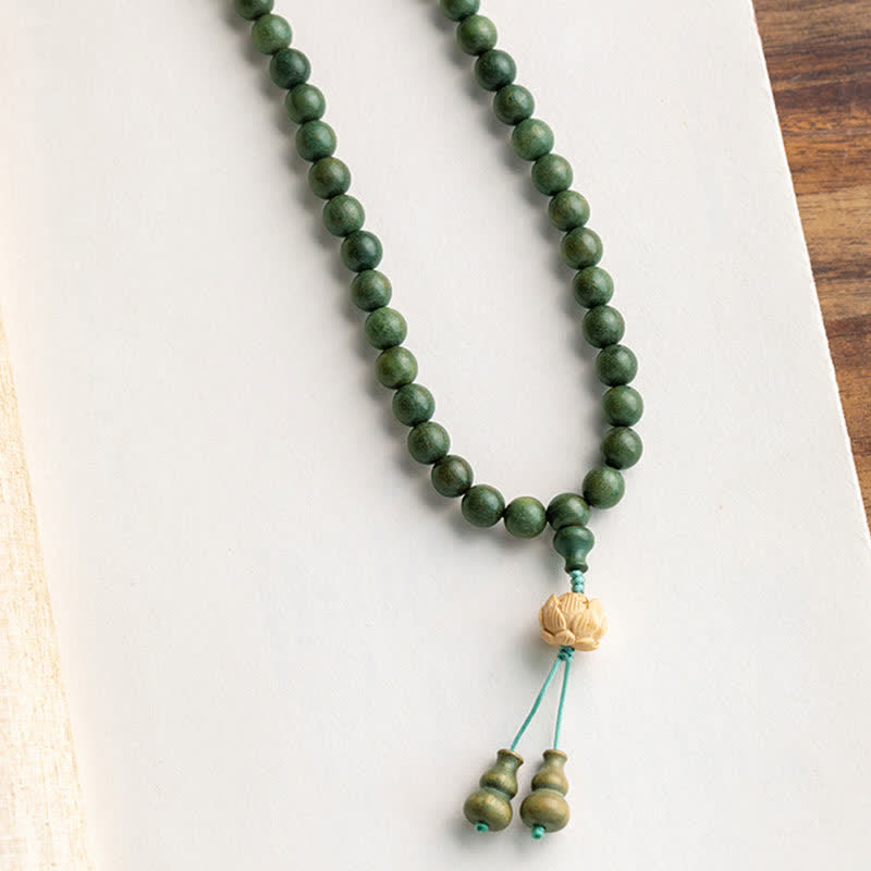 Karma Stone 108-Bead Rosary Green Sandalwood, Boxwood, Lotus, Auspicious Wooden Rosary Bracelet