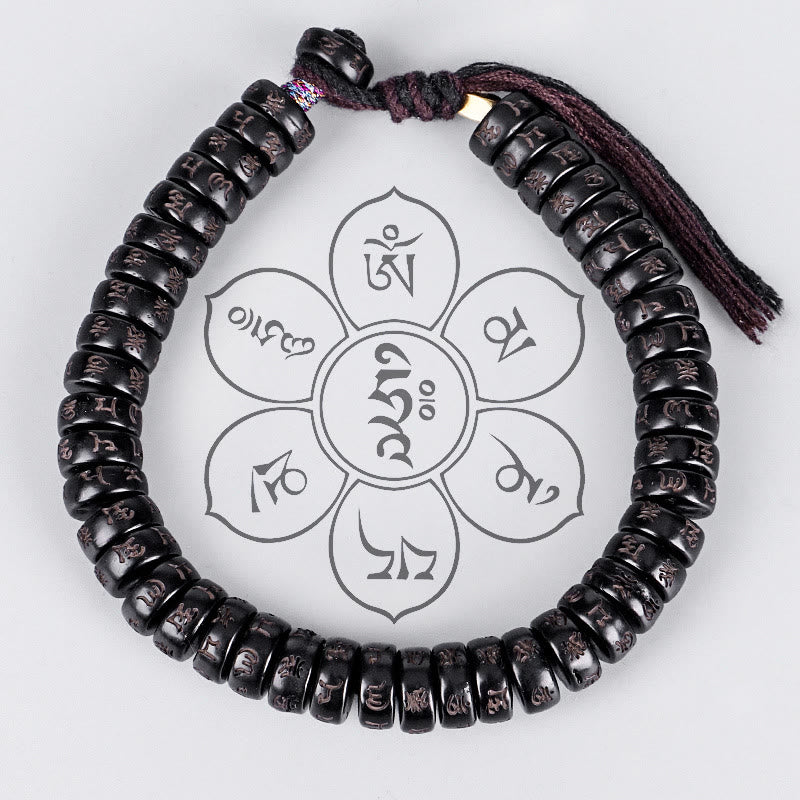 Karna Stone Tibetan Coconut Shell Beads Engraved Om Mani Padme Hum Mantra Positive String Bracelet