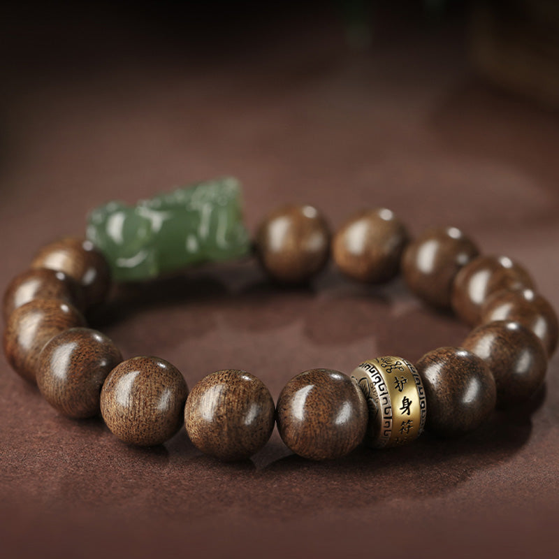 Karma Stone 925 Sterling Silver Brunei Agarwood PiXiu Jade Peace Strength Bracelet