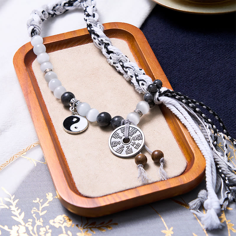 Karma Stone Black Glitter Stone Cat's Eye Yin Yang Mountain Ghost God of Wealth Energy Double Rope Protection Bracelets