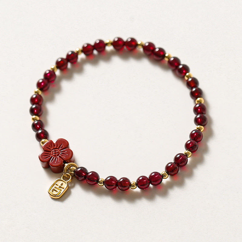 Karma Stone 14K Gold Natural Garnet Cinnabar Flower Calm Bracelet