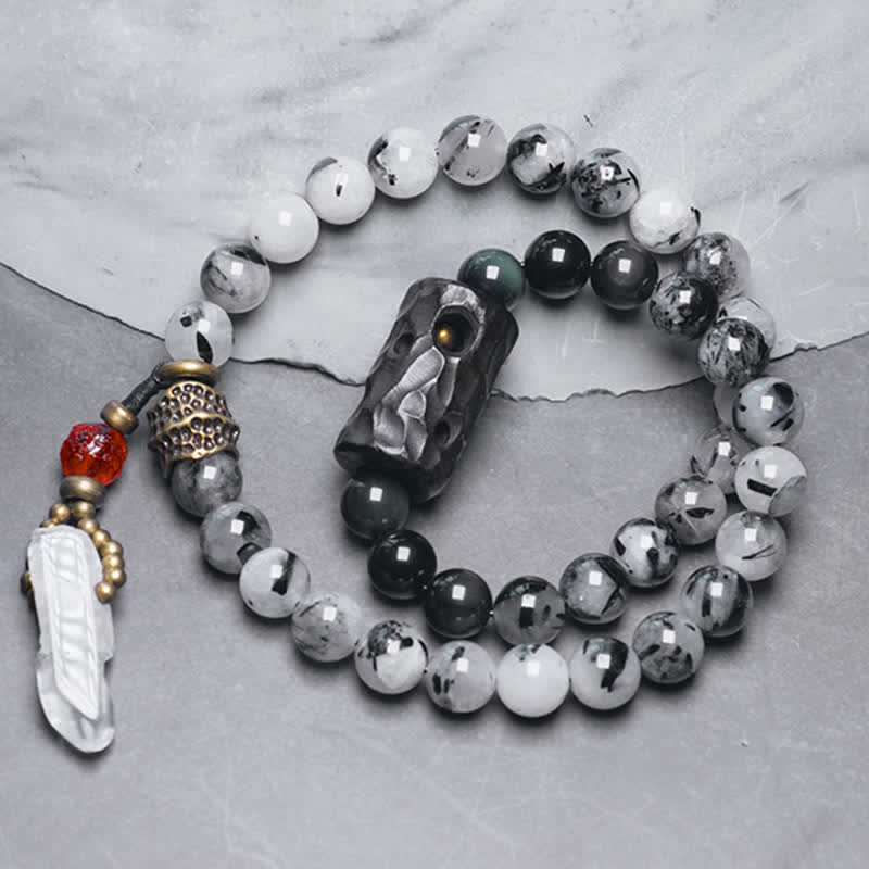Karma Stone Black Rutilated Quartz Ebony Wood White Crystal Success Couple Bracelet