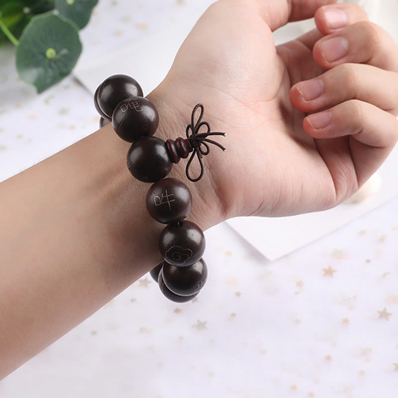 Karma Stone 925 Sterling Silver Inlaid Small Leaf Red Sandalwood Om Mani Padme Hum Character Auspicious Clouds Protection Bracelet