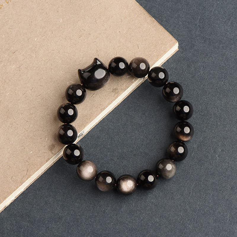 Karma Stone Gold Sheen Obsidian Silver Sheen Obsidian Lovely Paw Lucky Cat Protection Bracelet