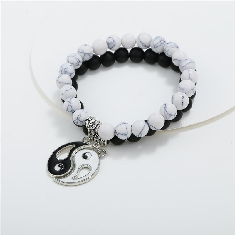 Karma Stone 2pcs Natural Black Onyx White Turquoise Bead Yin Yang Couple Bracelet
