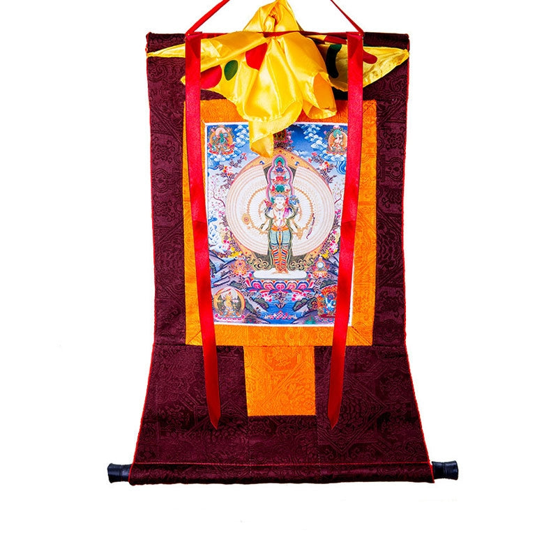 Karma Stone Tibetan Thousand-handed Avalokitesvara Framed Thangka Blessing Decoration