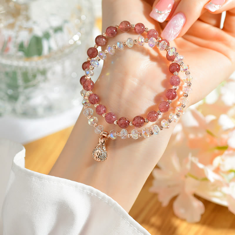 Karma Stone Strawberry Quartz White Crystal Money Bag Charm Positive Bracelet