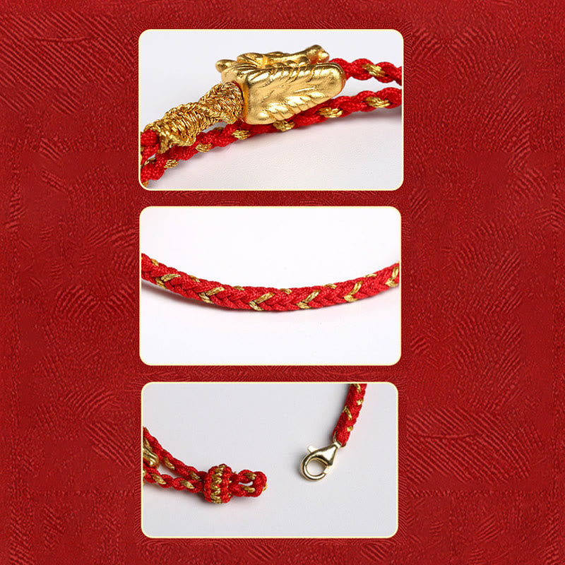 Karma Stone 999 Sterling Silver Handcrafted Dragon Luck Eight Thread Knot Red String Braided Bracelet