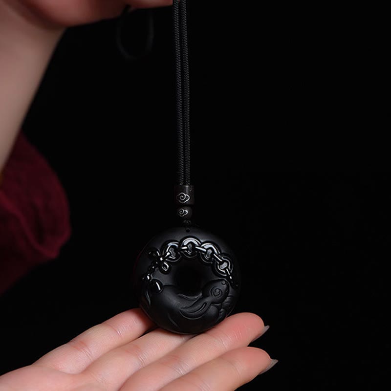 Karma Stone Chinese Zodiac Natural Black Obsidian Peace Buckle Strength Necklace Pendant