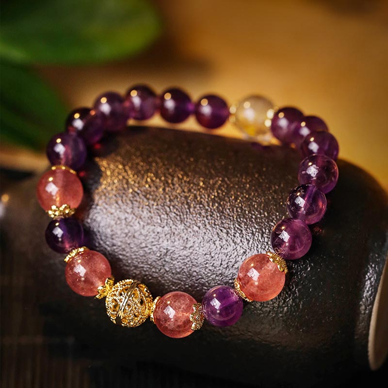 Karma Stone Natural Citrine Amethyst Rutilated Quartz Prosperity Protection Bracelet