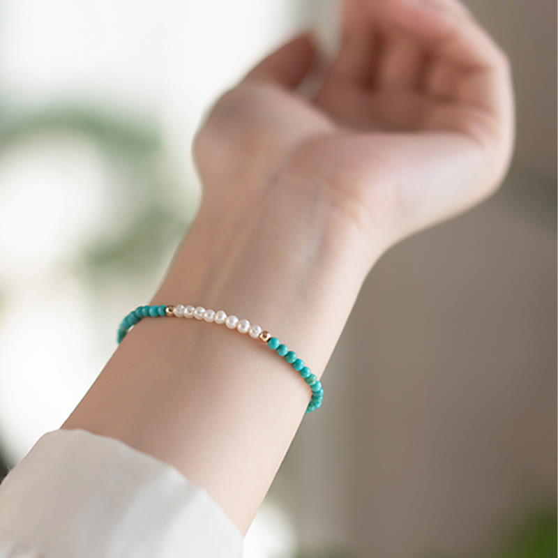 Karma Stone 925 Sterling Silver Natural Turquoise Pearl Beaded Bracelet